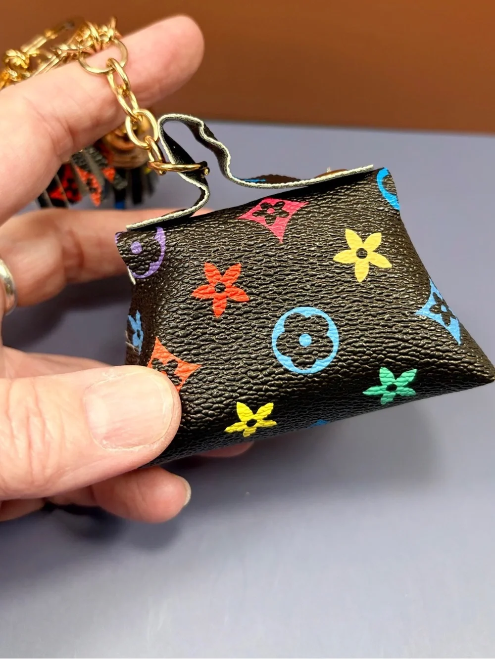 Luxe Black Mini Bag Keychain/Bag Charm Multicolor Monogram Print